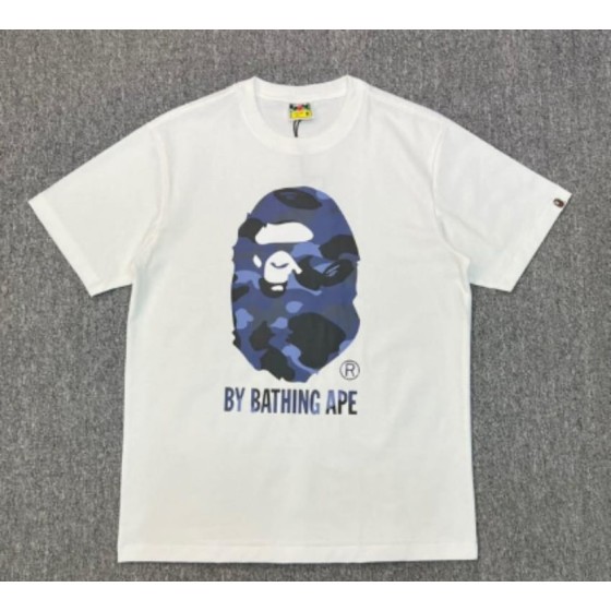 White BAPE T-Shirt with Blue Camo Ape Head and "BY BATHING APE" Logo